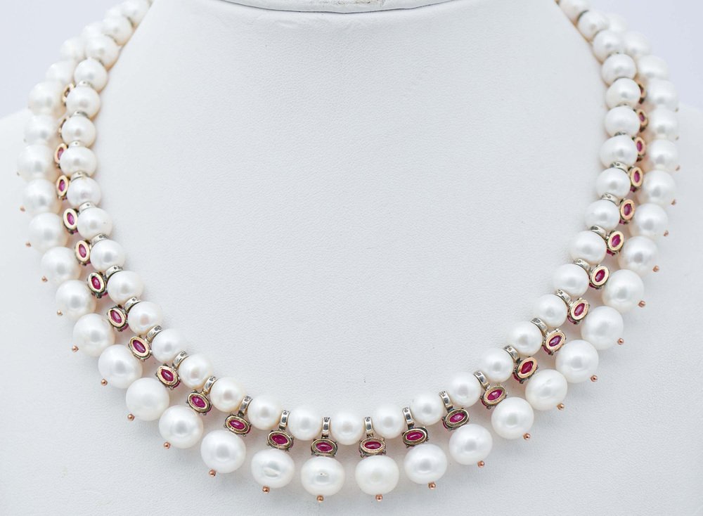 Diamonds with Rubies & White Pearls with Rose Gold and Silver Necklace