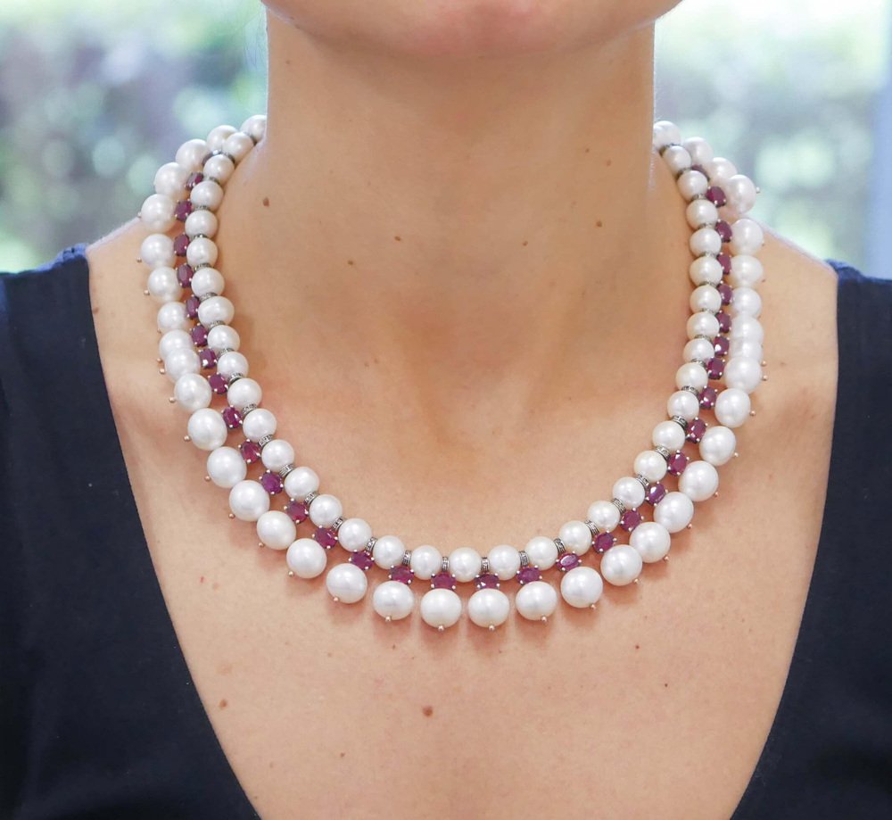 Diamonds with Rubies & White Pearls with Rose Gold and Silver Necklace