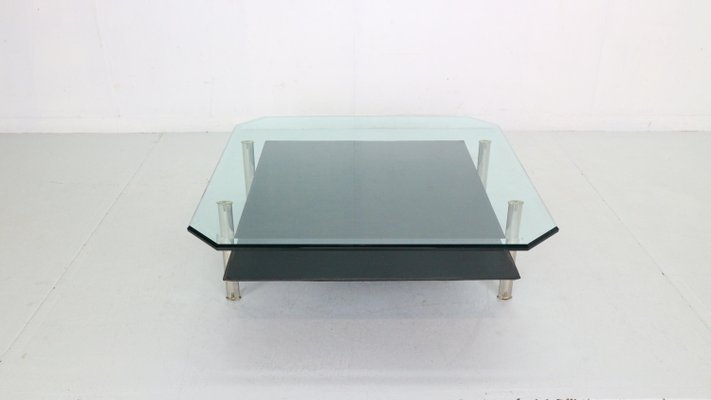 Diesis Two-Tier Glass and Leather Coffee Table attributed to Antonio Citterio for B&b Italia / C&b Italia, 1970-DT-2026161