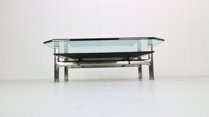 Diesis Two-Tier Glass and Leather Coffee Table attributed to Antonio Citterio for B&b Italia / C&b Italia, 1970-DT-2026161