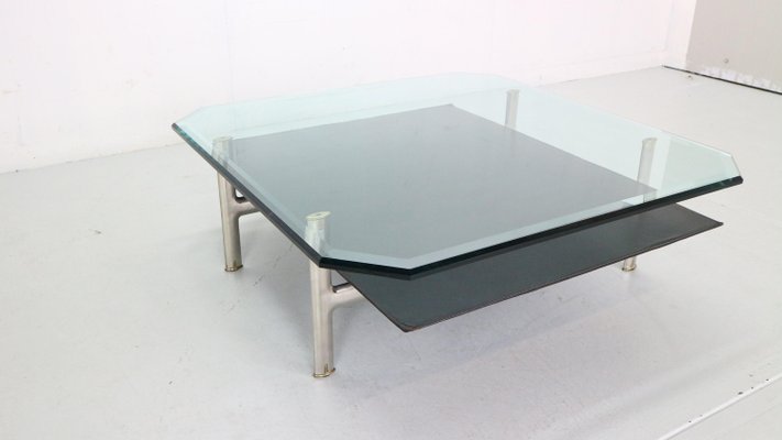 Diesis Two-Tier Glass and Leather Coffee Table attributed to Antonio Citterio for B&b Italia / C&b Italia, 1970-DT-2026161