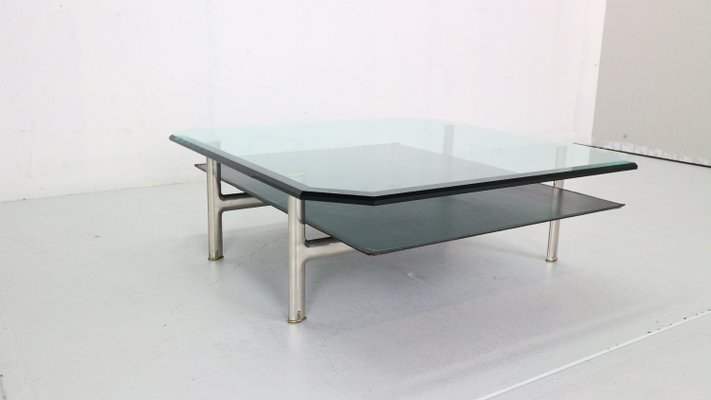 Diesis Two-Tier Glass and Leather Coffee Table attributed to Antonio Citterio for B&b Italia / C&b Italia, 1970-DT-2026161