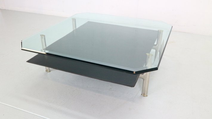 Diesis Two-Tier Glass and Leather Coffee Table attributed to Antonio Citterio for B&b Italia / C&b Italia, 1970-DT-2026161