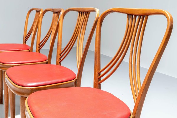 Dining Chairs in Blond Wood and Red Faux Leather, Italy, 1950s, Set of 4-ITV-1335198