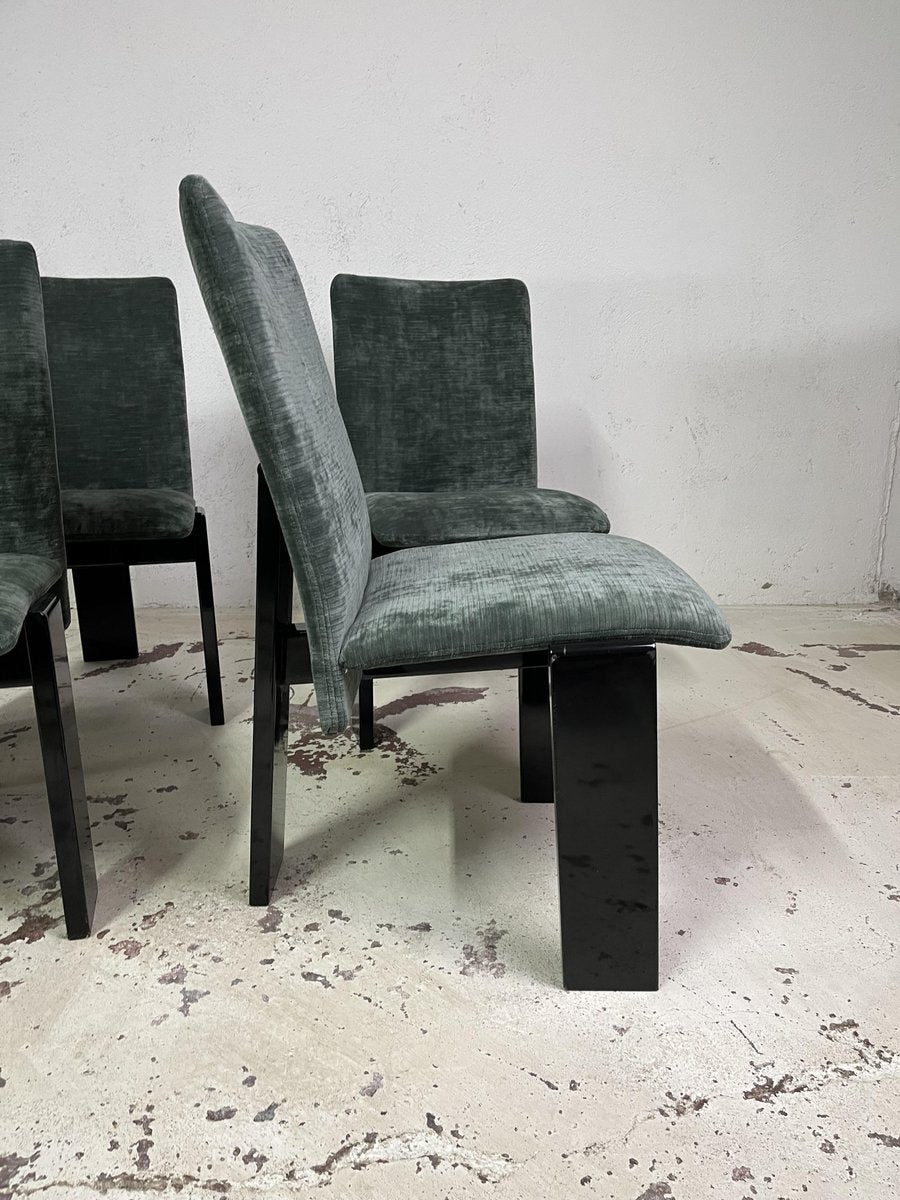 Dining Chairs in Glossy Black Lacquered Wood and Petrol Colored Velvet attributed to Tisettanta, 1970s, Set of 8