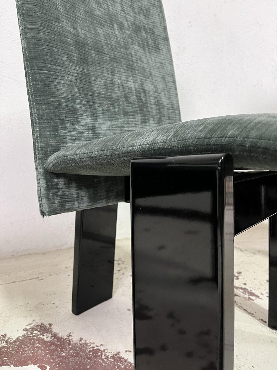 Dining Chairs in Glossy Black Lacquered Wood and Petrol Colored Velvet attributed to Tisettanta, 1970s, Set of 8