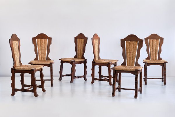 Dining Chairs in Oak and Rush Attributed to Victor Courtray, 1950s, Set of 6-FMT-960731