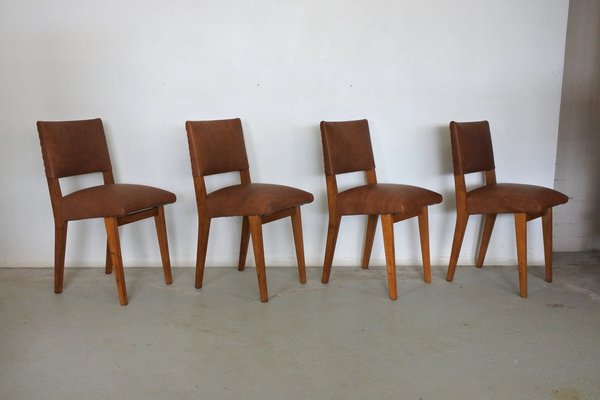 Dining Chairs in Oak Wood and Leather attributed to Jens Risom for Knoll International, 1950s, Set of 4-IM-1292971