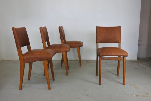 Dining Chairs in Oak Wood and Leather attributed to Jens Risom for Knoll International, 1950s, Set of 4-IM-1292971