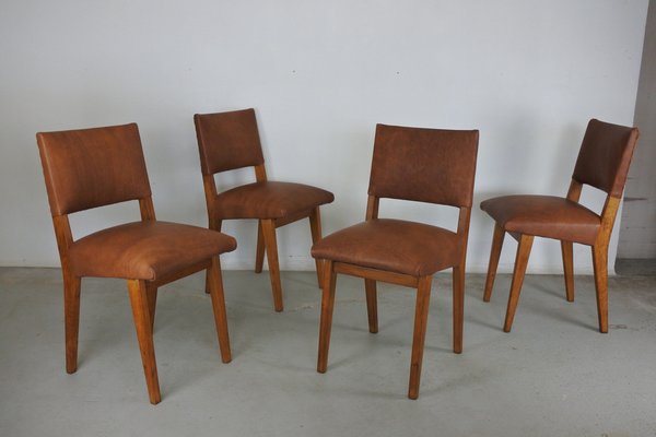 Dining Chairs in Oak Wood and Leather attributed to Jens Risom for Knoll International, 1950s, Set of 4-IM-1292971