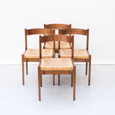 Dining Chairs in Straw and Wood, 1960s, Set of 4-NZV-1709140