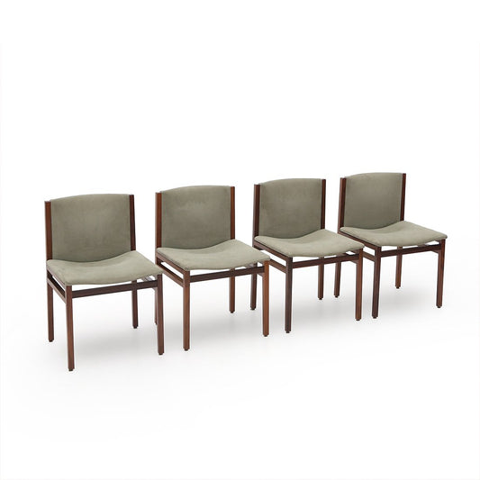 Dining Chairs in Wood and Green Alcantara by Tito Agnoli for La Linea, 1960s, Set of 4