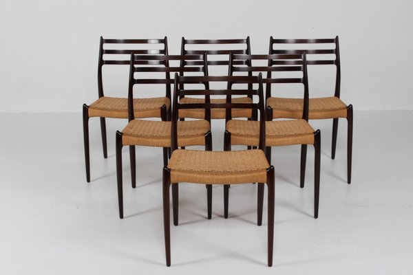 Dining Chairs No. 78 in Mahogany with Seats of Paper Cord by N. O. Møller for J. L. Møllers Møbelfabrik, Denmark, 1960s, Set of 6-QQ-2022478