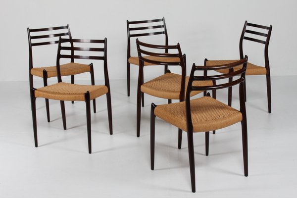 Dining Chairs No. 78 in Mahogany with Seats of Paper Cord by N. O. Møller for J. L. Møllers Møbelfabrik, Denmark, 1960s, Set of 6-QQ-2022478