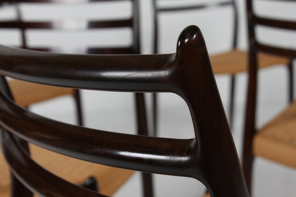 Dining Chairs No. 78 in Mahogany with Seats of Paper Cord by N. O. Møller for J. L. Møllers Møbelfabrik, Denmark, 1960s, Set of 6-QQ-2022478