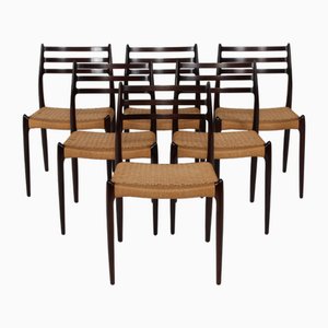 Dining Chairs No. 78 in Mahogany with Seats of Paper Cord by N. O. Møller for J. L. Møllers Møbelfabrik, Denmark, 1960s, Set of 6-QQ-2022478