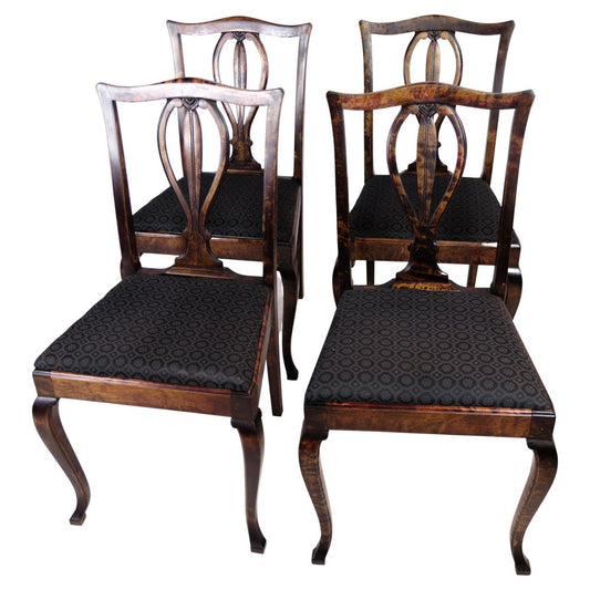 Dining Room Chairs in Mahogany & Black Patterned Fabric, 1920s, Set of 4