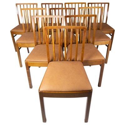 Dining Room Chairs of Light Wood and Cognac Leather, 1940s, Set of 10-UY-934847