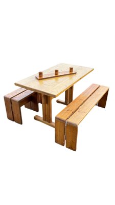 Dining Room Table, Stools and Bench by Charlotte Perriand for Les Arcs, Set of 5-LA-1180696