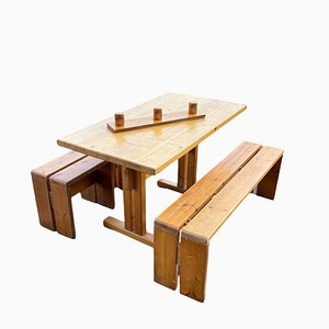 Dining Room Table, Stools and Bench by Charlotte Perriand for Les Arcs, Set of 5-LA-1180696