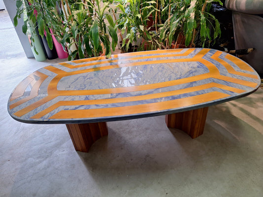 Dining Table in Azul Macaubas Blue Marble with Wooden Inlays and Wooden Base, 1980s