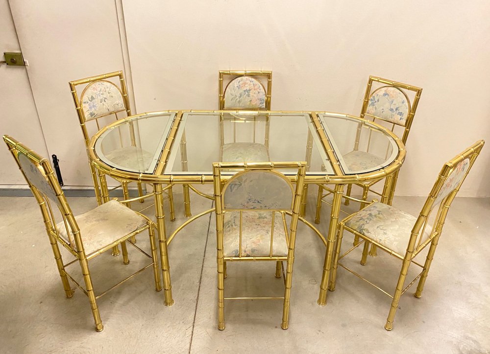 Dining Table in Faux Bamboo & Brass from Maison Baguès, 1970s