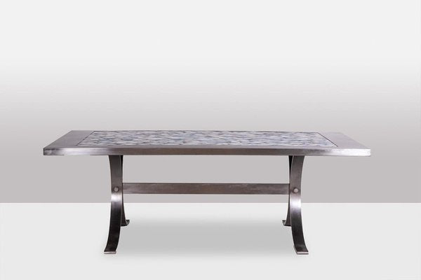 Dining Table in Polished Metal and Ceramic, 1970s-CEJ-1807396