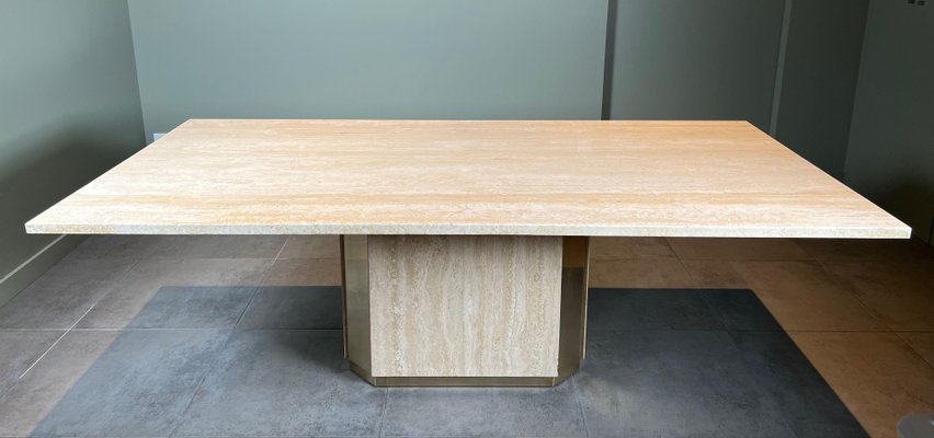 Dining Table in Travertine and Brass, France, 1970s-BA-1756185