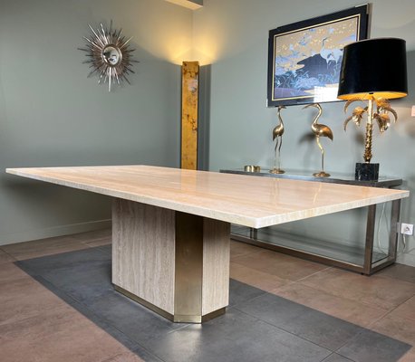 Dining Table in Travertine and Brass, France, 1970s-BA-1756185