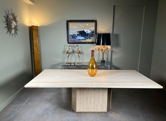 Dining Table in Travertine and Brass, France, 1970s-BA-1756185