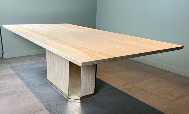 Dining Table in Travertine and Brass, France, 1970s-BA-1756185