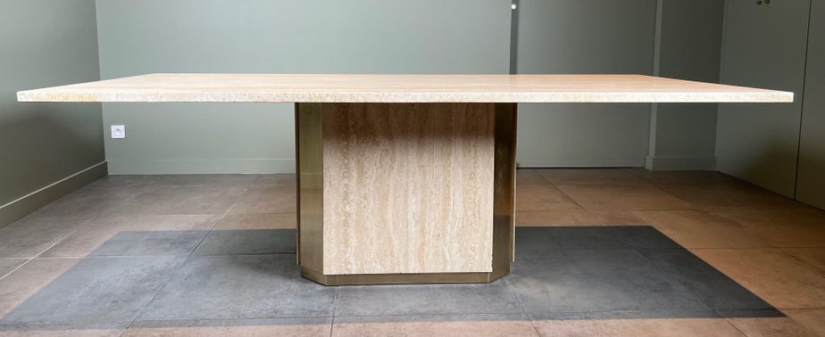 Dining Table in Travertine and Brass, France, 1970s-BA-1756185