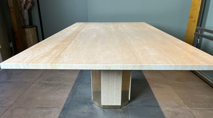 Dining Table in Travertine and Brass, France, 1970s-BA-1756185