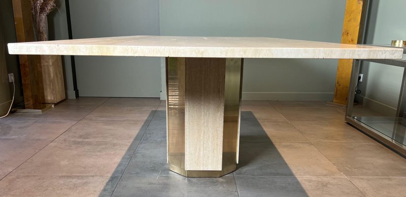 Dining Table in Travertine and Brass, France, 1970s-BA-1756185