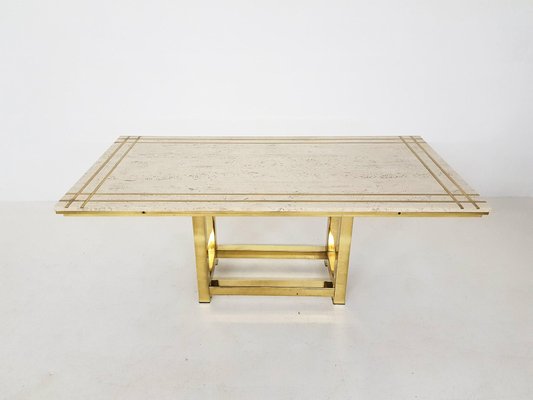 Dining Table in Travertine and Gold by Alain Delon, France, 1980s-ZO-633394