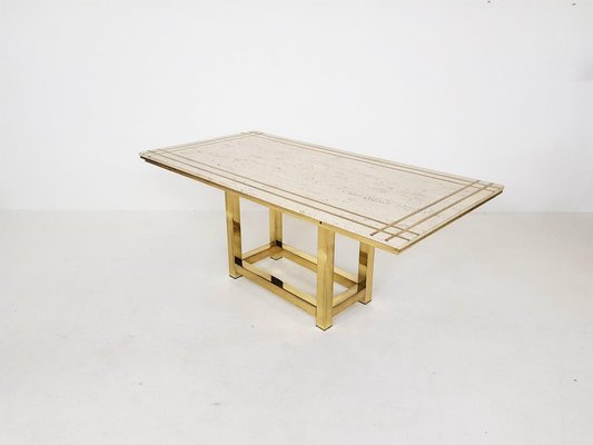 Dining Table in Travertine and Gold by Alain Delon, France, 1980s-ZO-633394