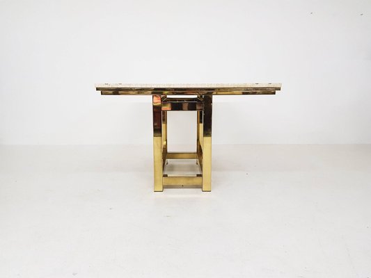 Dining Table in Travertine and Gold by Alain Delon, France, 1980s-ZO-633394