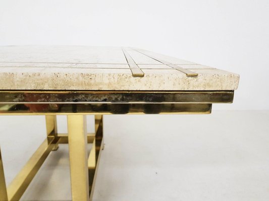 Dining Table in Travertine and Gold by Alain Delon, France, 1980s-ZO-633394