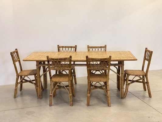 Dining Table in Wicker and Bamboo, 1970s-NPC-1785713