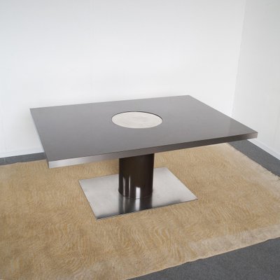 Dining Table with Glossy Black Lacquered Formica Top & Steel Disc Rotating Central Foot, 1970s-JQO-1293304