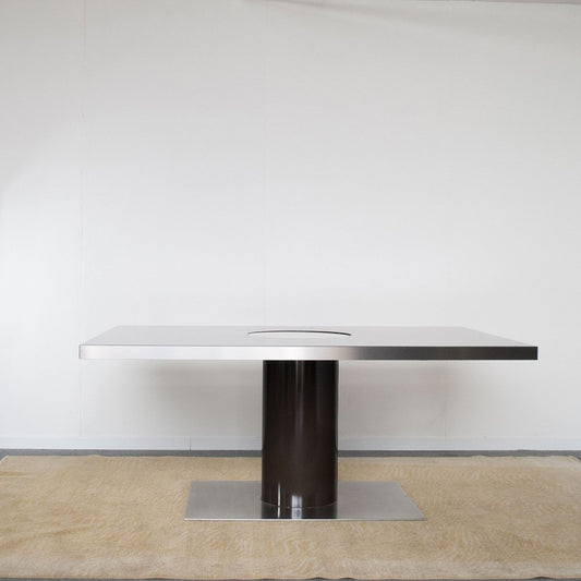 Dining Table with Glossy Black Lacquered Formica Top & Steel Disc Rotating Central Foot, 1970s