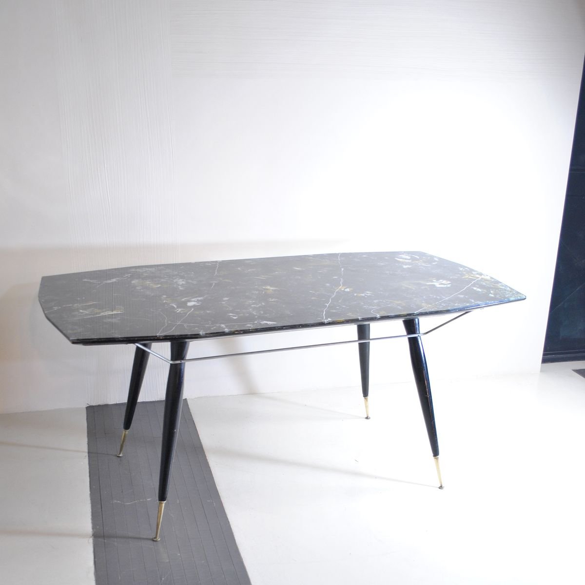 Dining Table with Hexagonal Wooden Feet & Brass Terminals, 1960s