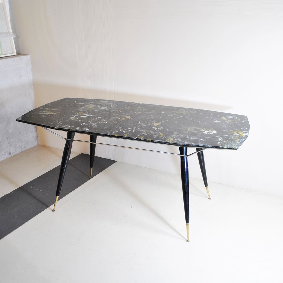 Dining Table with Hexagonal Wooden Feet & Brass Terminals, 1960s