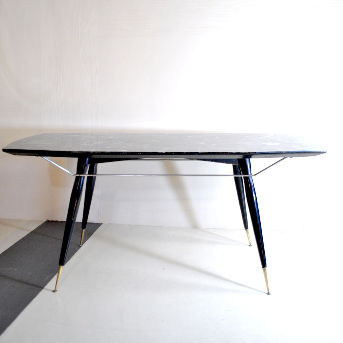 Dining Table with Hexagonal Wooden Feet & Brass Terminals, 1960s