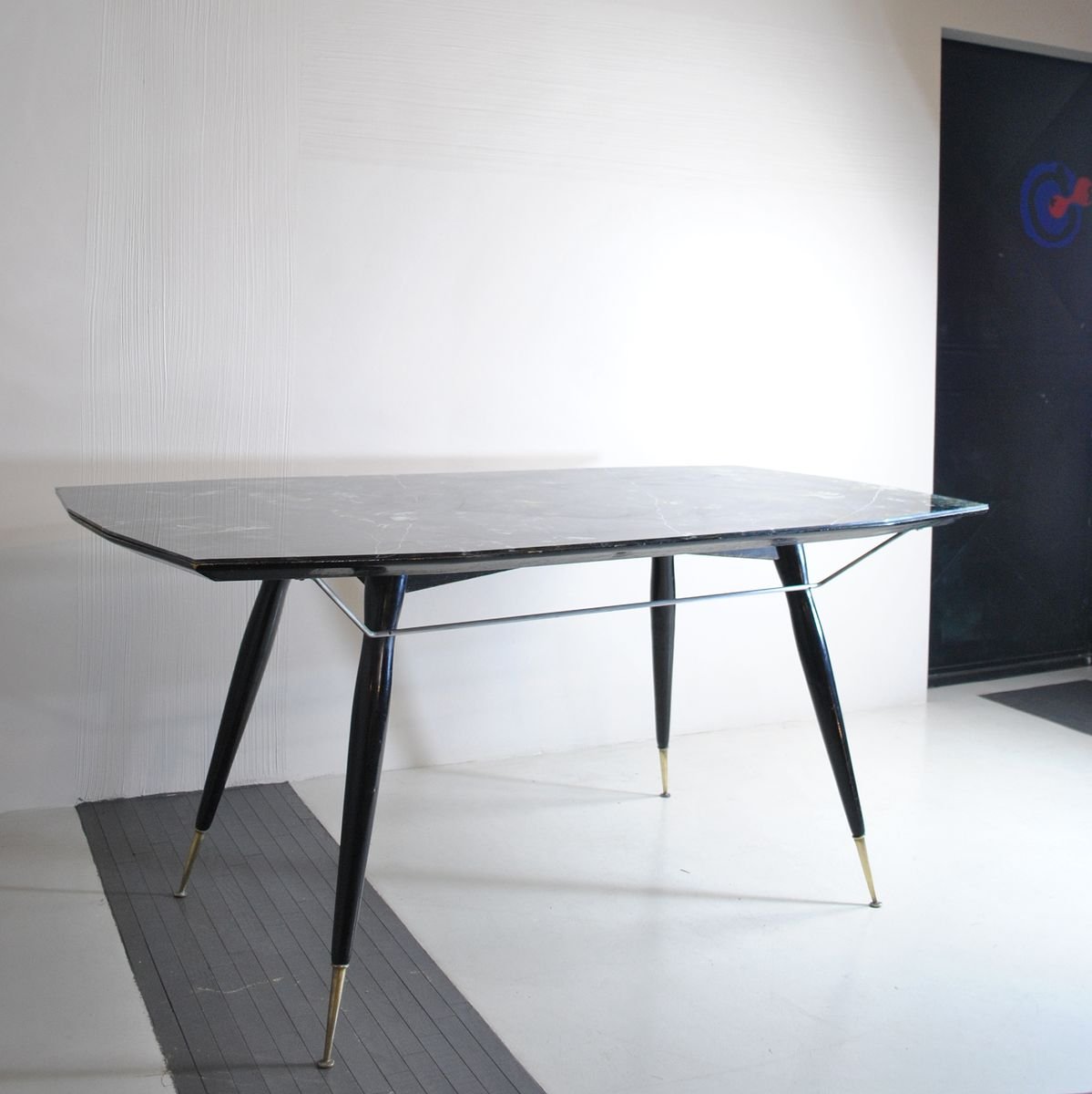 Dining Table with Hexagonal Wooden Feet & Brass Terminals, 1960s