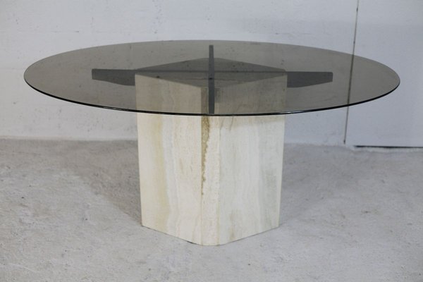 Dining Table with Stone Base and Smoked Glass Top, 1970s-MAO-828216