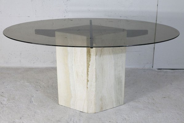 Dining Table with Stone Base and Smoked Glass Top, 1970s-MAO-828216