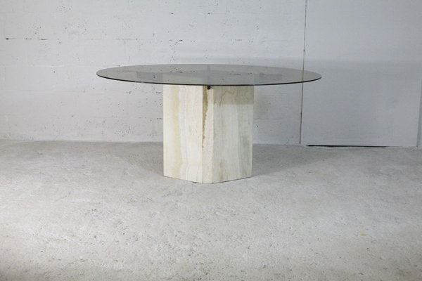 Dining Table with Stone Base and Smoked Glass Top, 1970s-MAO-828216