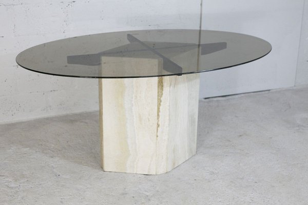 Dining Table with Stone Base and Smoked Glass Top, 1970s-MAO-828216