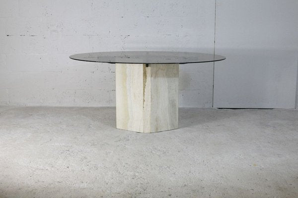 Dining Table with Stone Base and Smoked Glass Top, 1970s-MAO-828216